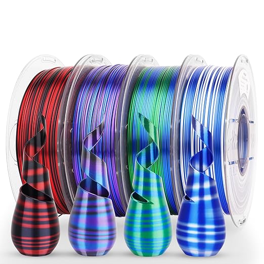 AMOLEN Silk PLA 3D Printer Filament Bundle, Shiny PLA Filament 1.75mm Multicolor Rainbow Pack, Fast Color Change PLA 3D Printing Filament for Most FDM 3D Printer, 1KG X 4 Spools by AMOLEN