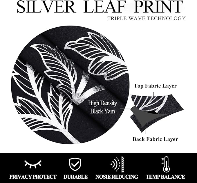 BUHUA Silver Shinny Vine Design Blackout Curtains Striped Window Curtains Thermal Insulated Curtains for Nursery 52W×72L Black 1 Pair - Image 6