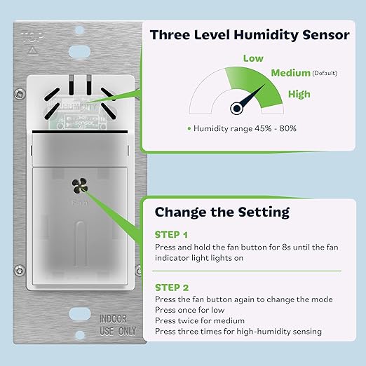 TOPGREENER Humidity Sensor and Fan Control Switch, Ventilation Fan Humidity Sensor Switch, Neutral Wire Required, TDHS5, 2-Pack (Wall Plate Included) - Image 3