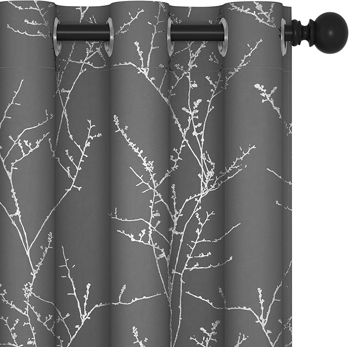 Deconovo Grey Blackout Curtains for Living Room, Thermal Insulated Soundproof Drapes, Silver Branch Foil Print, 42 x 63 Inches Long, 2 Panels, Machine‑Washable Grommet Window Panel for Bedroom Office by Deconovo