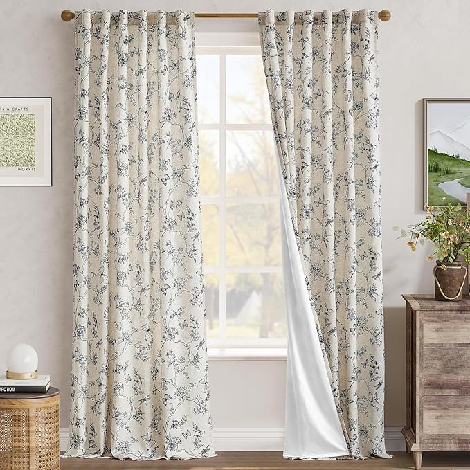 jinchan Floral Curtains Lined Linen Blend Curtain for Living Room 96 Inch Length Black Farmhouse Flower Patterned Curtain French Country Curtains Drapes Back Tab Rod Pocket 2 Panels - Image 7