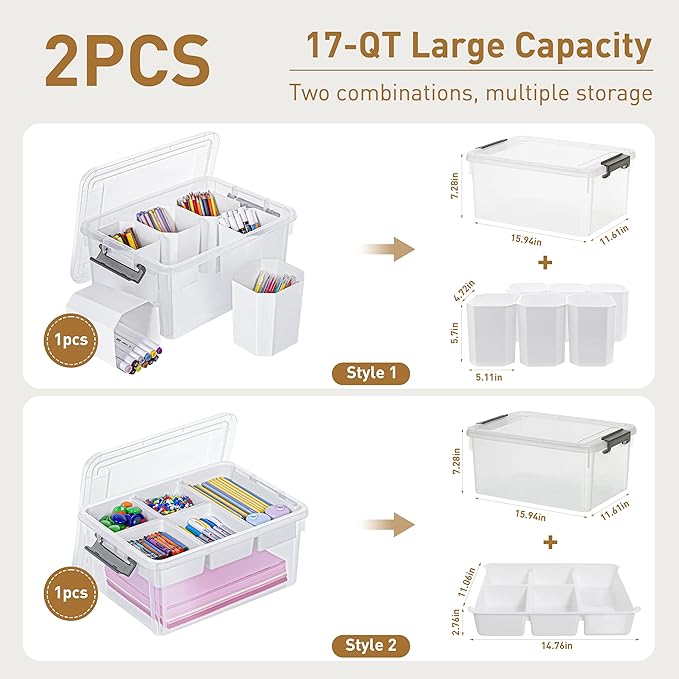 Citylife 17 QT Plastic Storage Box with Removable Tray and 6 Detachable Tall Inserts Craft Organizers and Storage Clear Storage Container for Organizing Crayon, Craft, Sewing, Playdoh, 2 Packs - Image 2