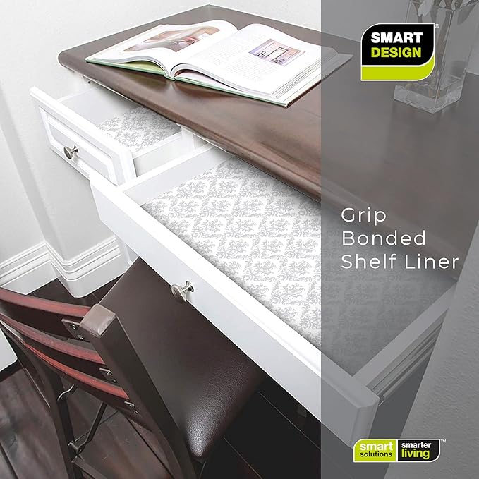 Smart Design Bonded Grip Shelf Liner - 12 Inch x 10 Feet - Non Adhesive, Strong Grip Bottom, Easy Clean Kitchen Drawer, Cabinet, Cupboard Dresser Protector Cover, Non Slip Rubber Mat - Fleur Gris - Image 8