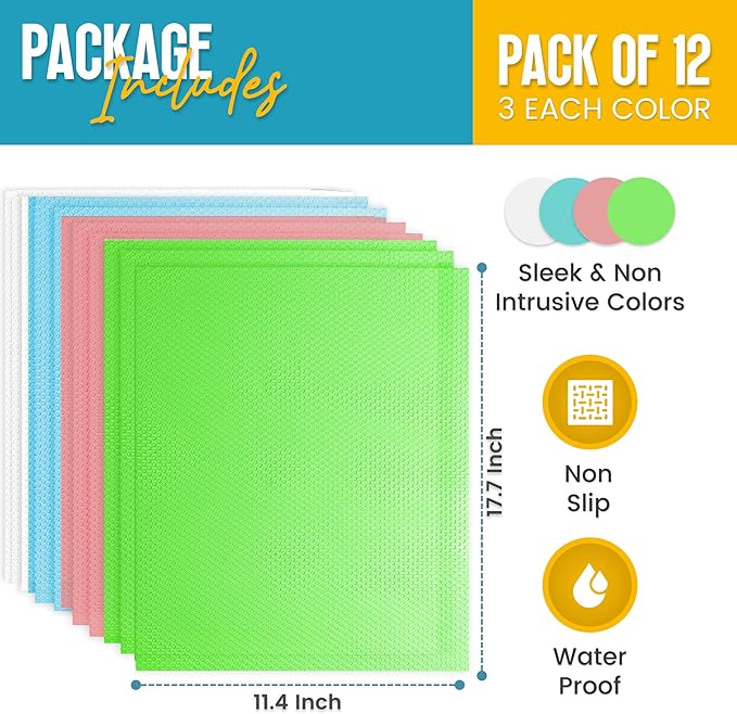 Refrigerator Liners for Shelves (12 Pack) by Linda’s Essentials - Non-Adhesive Shelf or Drawer Liner, BPA-Free Fridge Mats for Kitchen & Cabinets, Easy to Clean, Ideal Household Essentials(MultiColor) - Image 2