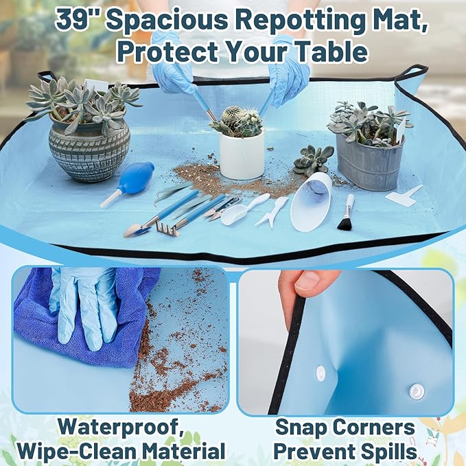 20pcs Small Gardening Tools Gifts for Women Beginners - Garden Hand Tools Set for Indoor Succulent Bonsai Plants Transplanting, Included 39.4" Plant Repotting Mat/Miniature Shovel/Labels, Blue - Image 3