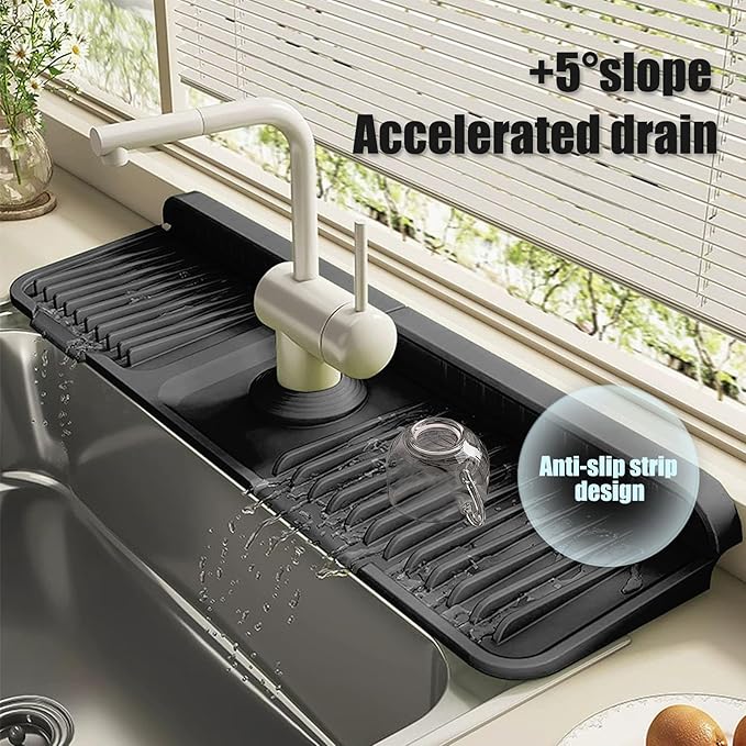 STARGAZ Silicone Faucet Mat For Kitchen Sink,Sink Back Splash Guard, Faucet Draining Mat,Kitchen Sink Rubber Mat,Bathroom Sink Sink Mat,Soap Dish,Silicone Sink Protector(17.7”×5.5”) - Image 2