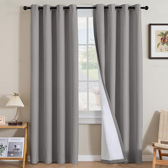 H.VERSAILTEX Linen Curtains 100% Blackout Curtains for Bedroom 84 inch Long Full Light Blocking Nature Linen Blended Window Curtains for Living Room Nickel Grommet (2 Panels, Heathered Dove) by HVERSAILTEX