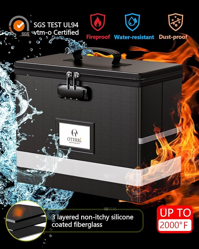 Oterri 2 Pack Fireproof Document Box With Lock, Portable File Safe Box Fireproof Waterproof For Letter Files, Collapsible Fireproof File Box With Handle Black - Image 2