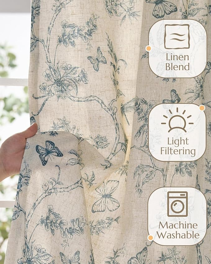 jinchan Floral Linen Curtains for Living Room 84 Inch Length Butterfly Curtain Blue Floral Curtains French Country Farmhouse Curtain Flower Patterned Drapes Window Treatment Set 2 Panels - Image 4
