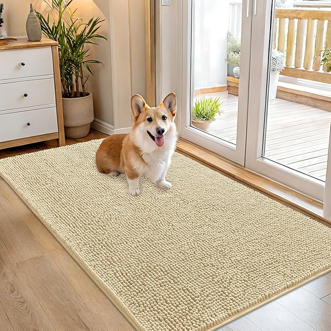 OLANLY Dog Door Mat for Muddy Paws 54x32, Absorbs Moisture and Dirt, Absorbent Non-Slip Washable Doormat, Quick Dry Chenille Mud Mat for Dogs, Entry Indoor Entryway Carpet for Inside Floor, Sand by OLANLY