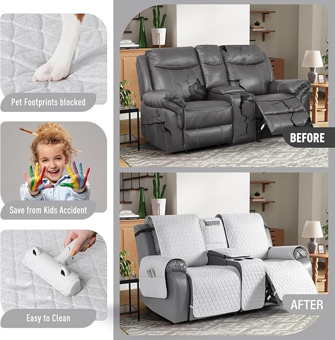 TAOCOCO 100% Waterproof Loveseat Recliner Couch Sofa Covers with Console,Double Reclining Couch Cover Non-Slip Sofa Slipcovers Washable,Furniture Protector Covers for Kids,Pets(2 Seater,Off White) - Image 2