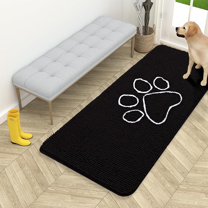 OLANLY Dog Door Mat for Muddy Paws 54x24, Paw Print Design, Absorbs Moisture and Dirt, Absorbent Non-Slip Washable Doormat, Quick Dry Chenille Mud Mat for Dogs, Entry Indoor Entryway Carpet, Black by OLANLY
