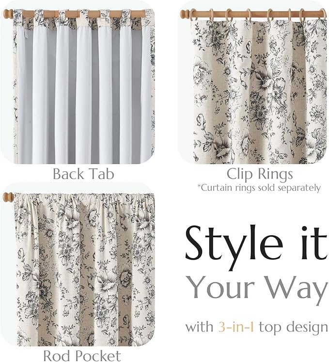 jinchan Blackout Linen Blend Curtain Floral Blackout Curtains for Living Room 84 Inch Length Black Printed with Lined Blackout Curtain for Bedroom Farmhouse Curtains Set 2 Panels - Image 4