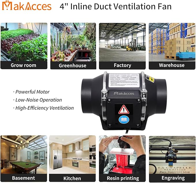 4 Inch Inline Duct Fan for Hydroponic Grow Tent Greenroom 3D Printer Enclosure Cover Kitchen, Powerful Copper Motor Ventilation Exhaust Fan, High Speed, Low Noise, Black, Pipes purchased separately - Image 4