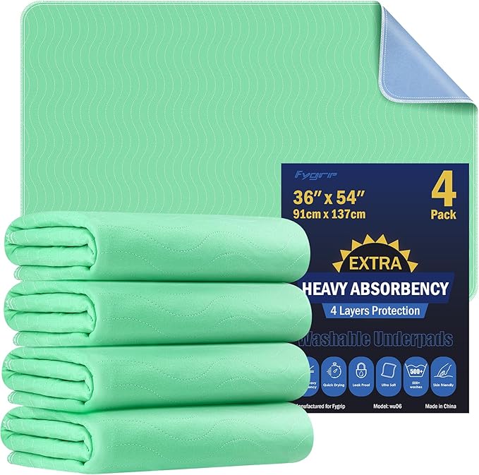 4 Pack 36” x 54” Extra Heavy Absorbency Washable Underpads, Waterproof Nursing Pads Incontinence Bed Pads, Reusable Washable Pee Pads for Dogs, Diaper Changing & Adults, Mattress Protector by Fygrip