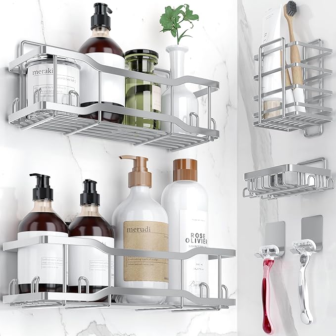 Shower Caddy Bathroom Shelves, The Athena Silken 4 Set, 40LB Capacity, Adhesive Tape No Drill - Rustproof -Gorgeous Powder Coated 304 Stainless Steel Shower Organizer for kitchen & Home Decor - Silver by Tribal+Cooking
