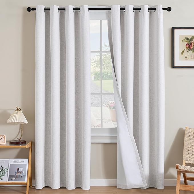H.VERSAILTEX Linen Curtains 100% Blackout Curtains for Bedroom 102 inch Long Full Light Blocking Nature Linen Blended Window Curtains for Living Room Nickel Grommet (2 Panels, Heathered White) by HVERSAILTEX