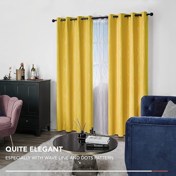 Deconovo Blackout Curtains 108 Inches Long, Yellow Drapes with Wave Dots Foil Print, Thermal Insulated Soundoroof Curtain for Living Room Bedroom, 52 x 108 Inch, Machine Washable Panels, Set of 2 - Image 7