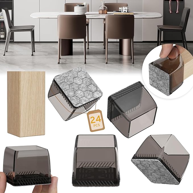 24PCS Square Chair Leg Floor Protectors, Furniture Sliders, Chair Leg Protectors for Hardwood Floors, Non-Slip Felt Furniture Pads, Silicone Cap Covers to Protect Floors, (Fit 1.5" - 2") by Indemo