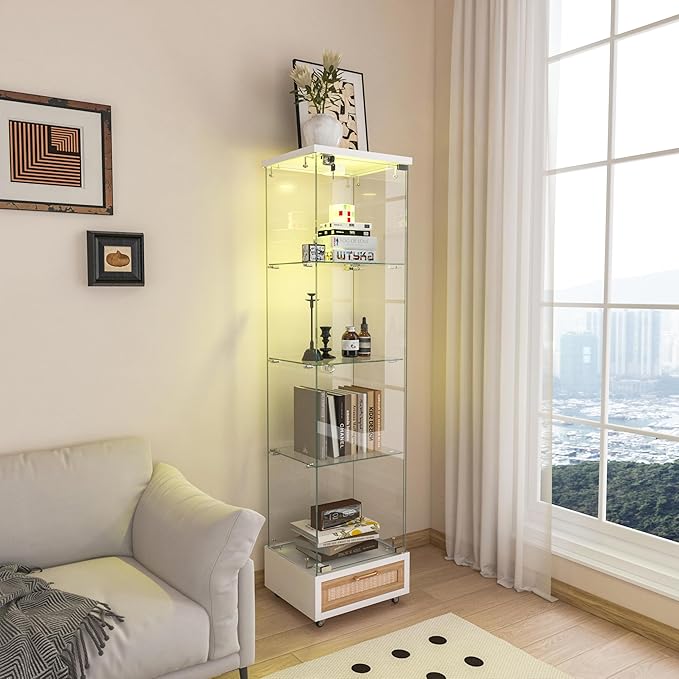 Yoluckea 4-Tier Glass Display Cabinet with LED Lighting and Drawer, 1-Door Floor Standing Curio Cabinet with Wheel for Home, Office, Corner Display, White Glass Bookshelf for Collections and Decor - Image 7