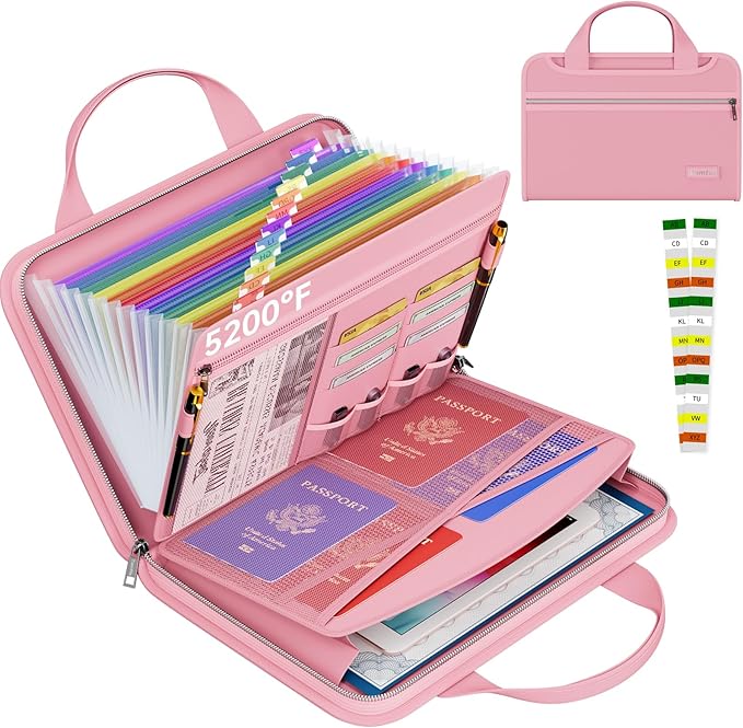 Tamfile Fireproof Accordion File Organizer with Handle, 13 Pocket Colorful Expanding File Folder with Zipper & Labels, File Folder with Multi-Pockets Paper Organizer Folder for Letter A4 Files (Pink) by Tamfile