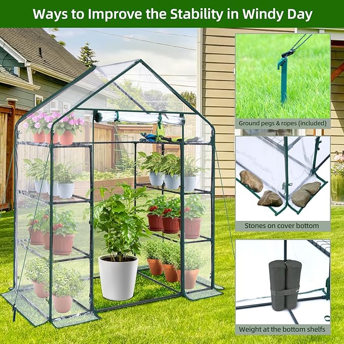 Ohuhu Small Greenhouse for Outdoors: 4 Tiers 6 Shelves Walk-in Indoor Green House Heavy Duty Plant Stands Reinforced Plastic PVC Cover Mini Portable Warm House for Outside, 4.8x2.5x6.4 FT - Image 4