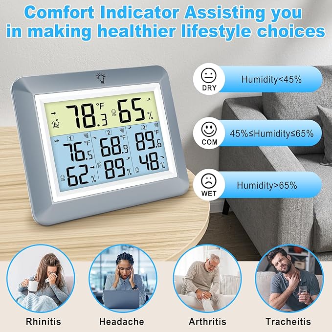 Urageuxy Weather Station Wireless Indoor Outdoor Thermometer with 3 Sensors, Remote Temperature Monitor with Humidity for Home, Baby Nursery, Room, Attic, Patio, Grey - Image 3