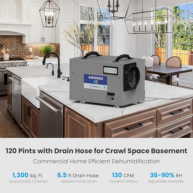 BaseAire 120 Pints Crawl Space Dehumidifier with Drain Hose, Energy Star Dehumidifier for Commercial, Home and Basement, Compact, Auto Defrost, Intelligent Control, Auto Restart, Up to 1300 Sq Ft - Image 2