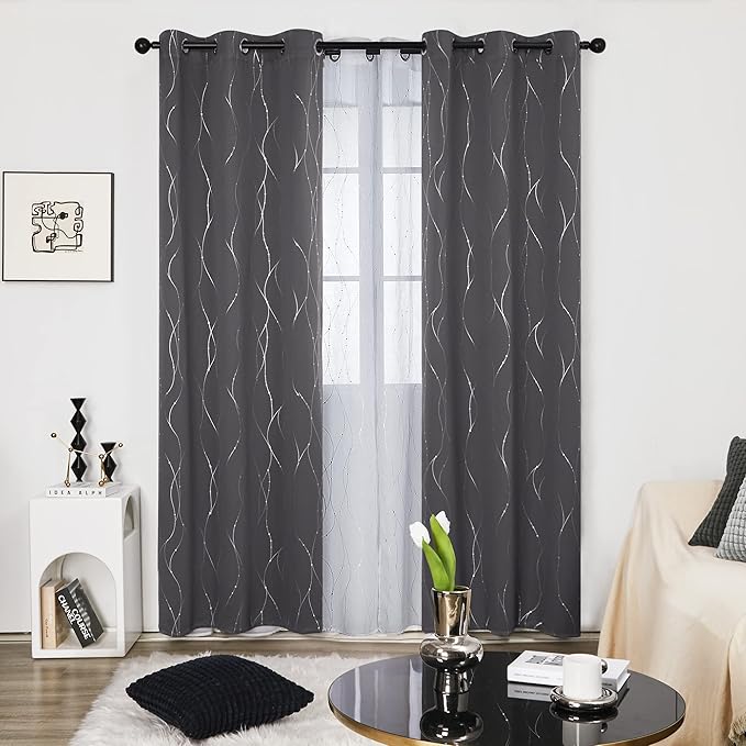 Deconovo Grey Curtains for Living Room, Blackout Drapes, Protect Pravicy Thermal Insulated Soundproof Window Drape, Wave Dots Foil Print, 42 x 95 Inch, Set of 2 Panels for Bedroom Sliding Glass Door - Image 2