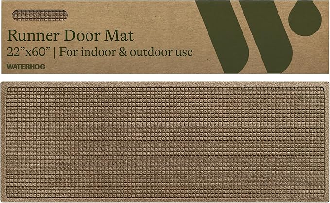 WaterHog Squares Front Door Mat Indoor Outdoor Entrance, Absorbent All-Weather Doormat with Non-Slip Rubber Backing, Dirt & Moisture Trapper, Low Profile, Easy Clean, Made in USA, 22"x60" Camel by WaterHog