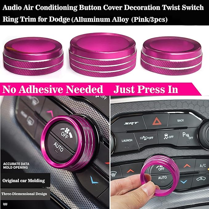 Auprite Climate Control Knob Covers for Challenger Accessories 2015-2023 2024, for Dodge Charger 2015-2023 2024, for Dodge Chrysler 300/300s 2015-2024,3Pcs Kit (Pink) - Image 3