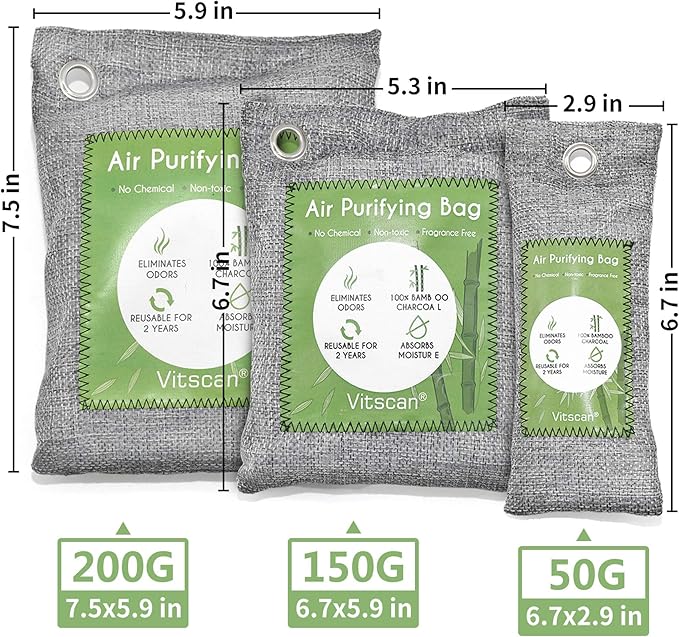 12 Pack Bamboo Air Purifying Bag, Activated Charcoal Bags Odor Absorber, Moisture Absorber, Natural Car Air Freshener, Shoe Deodorizer, Odor Eliminators For Home, Pet, Closet (6x50g, 6x150g) - Image 9