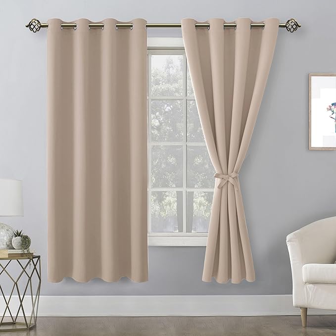 Hiasan Blackout Curtains for Bedroom, 52 x 63 Inches Length - Thermal Insulated & Light Blocking Window Curtains for Living Room/Kids Room, 2 Drape Panels Sewn with Tiebacks, Camel - Image 2