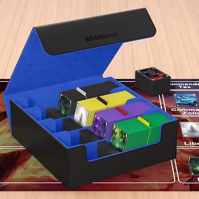 Mlikero Card Deck Case, 2400+ Trading Card Storage Box with 10 Colorful Dividers and 4 Foam Stoppers, Leather Magnetic Closure Commander Deck Box Fit for MTG, TCG (4 Rows, Black&Blue) - Image 7