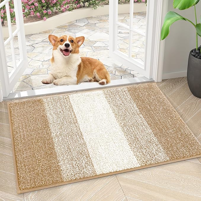 Smiry Dog Door Mat for Muddy Paws, Absorbs Moisture and Dirt, Low-Profile Entryway Mat with Non-Slip Backing, Entry Indoor Outdoor Doormat for Inside Floor (30x17 Inches, Beige, Striped) by Smiry