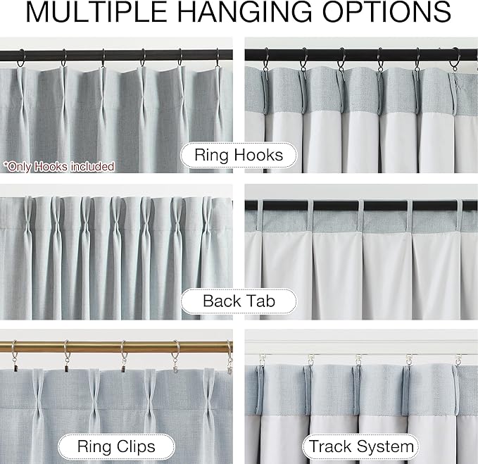 Kayne Studio Blue Fog Pinch Pleated Full Blackout Curtains, Linen Blend Room Darkening Thermal Insulated Soundproof Drapes, 108 Inch Back Tab Window Curtains for Living Room Bedroom(2 Panels,40"x108") - Image 3
