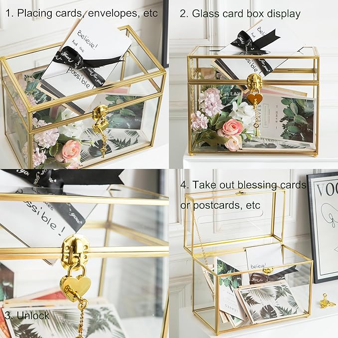 Glass Wedding Card Box with Slot, 10.2 inch Clear Card Box Gold Brass Gift Card Storage Box with Lock Perfect for Wedding Receptions, Baby Shower, Birthday Party, Bridal Shower - Image 4