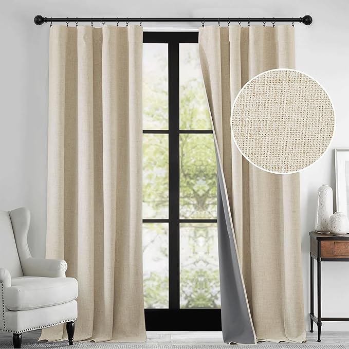 RYB HOME 100% Blackout Linen Textured Curtains 96 inches Long, Thermal Insulating Privacy Energy Saving for Bedroom Living Room Window Office Theater Dining Nursery, W 52 x L 96 in, Linen, 2 Panels - Image 2