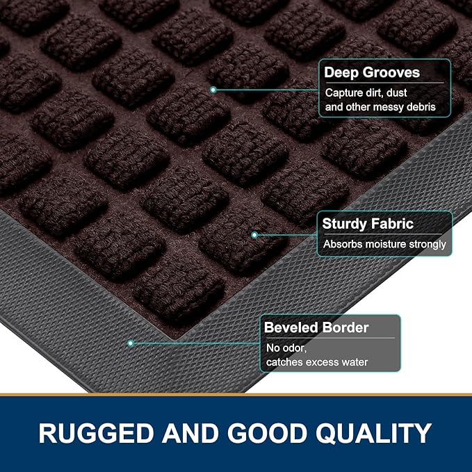 Smiry Front Door Mat Outside Entrance, Heavy Duty Natural Rubber Doormat, Non Slip, Trap Dirt and Moisture, Easy Clean, Low Profile Welcome Floor Mats for Indoor Outdoor Entry, 35x23 Inch, Brown - Image 3