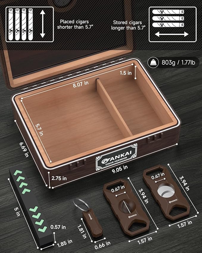Cigar Humidor, Glass top Cigar Case with Straight Cutter Guillotine, V Cut, Punch Tool, Spanish Cedar Wood Lining Case, Crush-Proof Storage Box with Humidifier & Hygrometer - Image 2