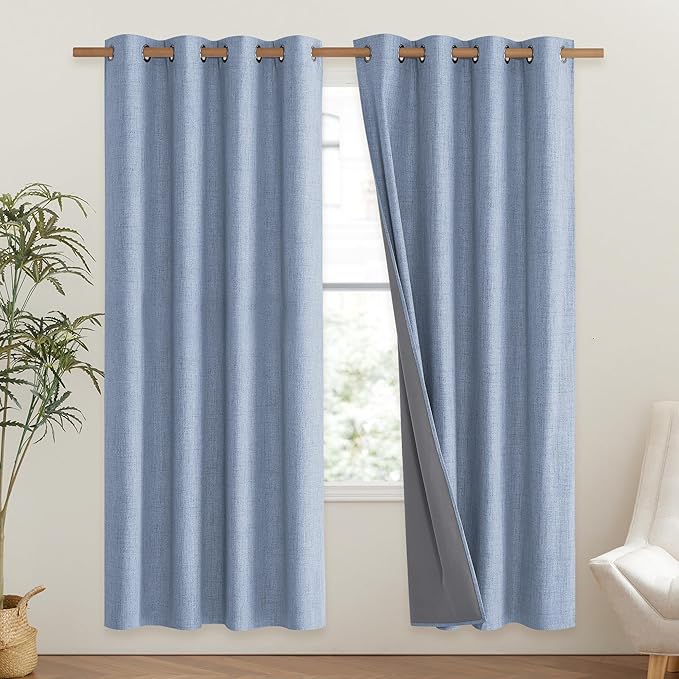 NICETOWN Stone Blue Vintage Linen 100% Blackout Curtains for Living Room, Thermal Insulated Curtains 72" Long, Noise Reducing Window Treatment Drapes for Hall Room, 52" Wide Per Panel, Set of 2 - Image 2