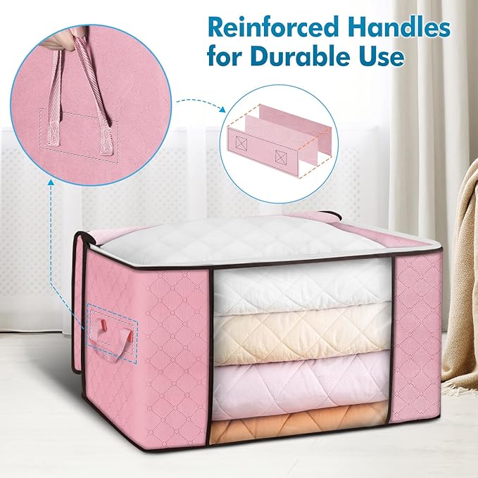 90 L Large Storage Bags, 8 Pack Clothes Storage Bins Foldable Closet Organizer Storage Containers with Durable Handle Storage and Organization, Blanket, Comforters, Bed Sheets, Pillows and Toys (Pink) - Image 3