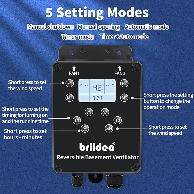 Reversible Basement Ventilation Fan with Dual 100 CFM Fans, Independent Speed Control, Smart Humidity & Timer Modes, Real-Time Display, Fresh Air Supply & Exhaust for Basement, Storeroom, Wine Cellar - Image 6