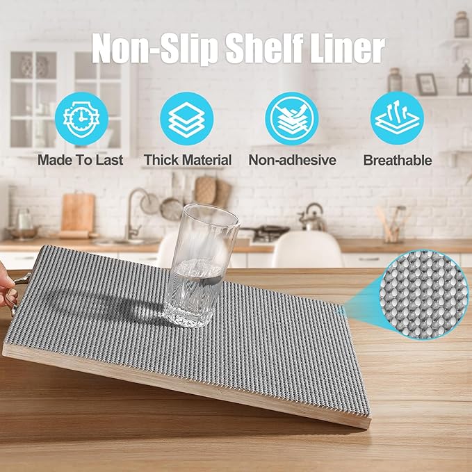 Songrey Non-Adhesive Drawer and Shelf Liner, Non Slip Cabinet Liners, Protect Kitchen Cupboard, Bathroom Drawers, Breathable, Thick Strong Grip mat (12IN x 20FT, Black) - Image 2