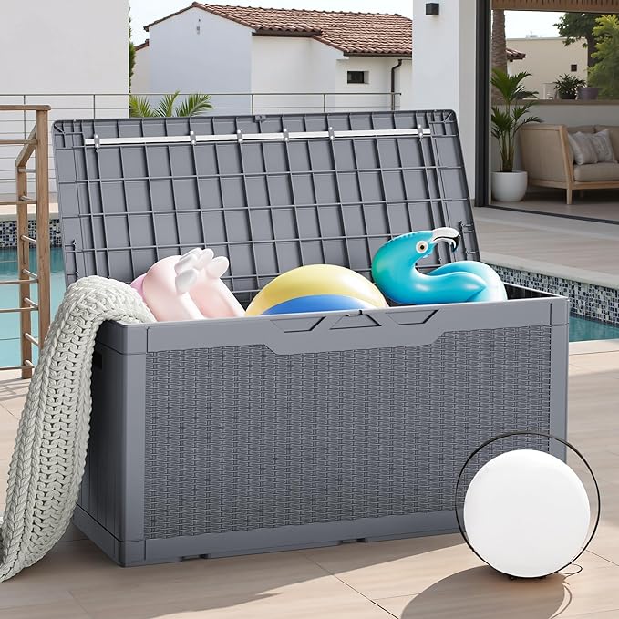 JUMMICO 100 Gallon Resin Deck Box with Cushion, Waterproof Outdoor Storage Box with Lockable Lid for Garden Tools, Patio Cushions (Gray) - Image 6