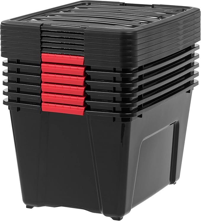 IRIS USA 54 QT Plastic Storage Box with Lid and Latches - 6 Pack - BPA-Free, Garage Organizing Solution, Durable Nestable Stackable Containers, Secure Pull Handle - Black - Image 7