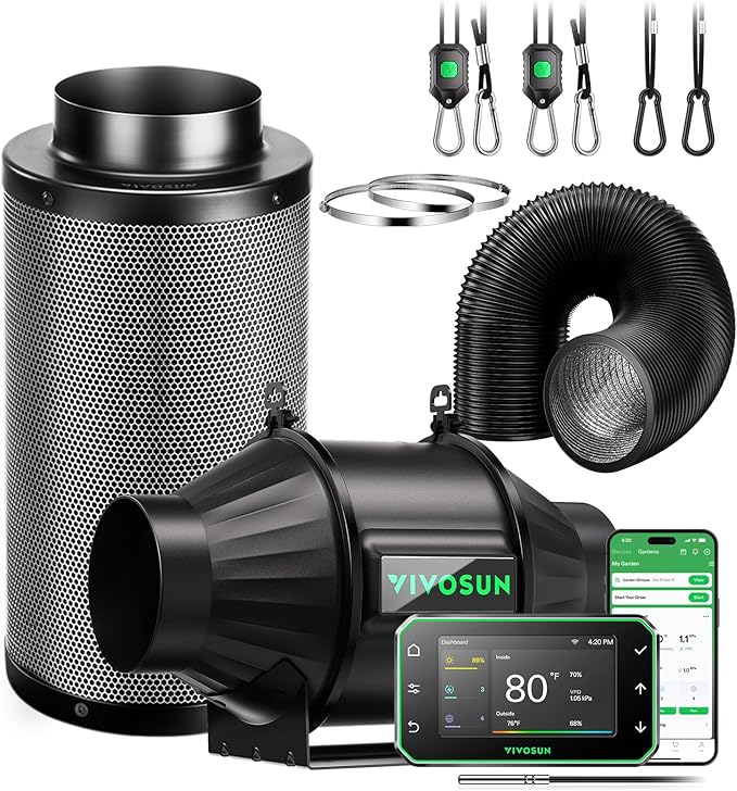 VIVOSUN Smart Air Filtration PRO T4 Kit 4", AeroZesh T4 Inline Duct Fan w/GrowHub E42A+ Temp. Humidity WiFi-Controller, Carbon Filter & Ducting Ventilation System for Grow Tent, Hydroponics by VIVOSUN