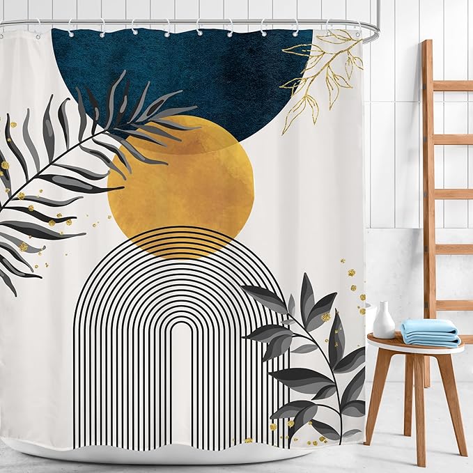 Navy Blue Boho Shower Curtain 60Wx72H Modern Bohemian Mid Century Abstract Gold Leaves Minimalist Geometric Plant Bathroom Decor Neutral Botanical Bath Curtain Fabric Polyester 12 Pack Hooks - Image 2