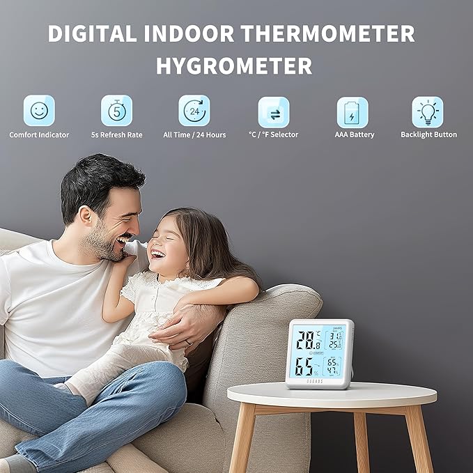 DOQAUS Digital Hygrometer Indoor Thermometer for House, Room Thermometer with 3s Fast Refresh & Max Min Records, Temperature Monitor Humidity Meter with Backlight, White - Image 2