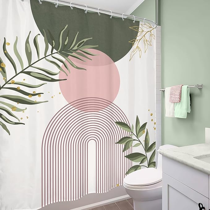 Pink Sage Green Boho Shower Curtain 60Wx72H Mid Century Modern Abstract Gold Leaves Plant Sun Bathroom Decor Minimalist Geometric Arch Line Aesthetic Bath Curtain Fabric Polyester 12 Pack Hooks - Image 4